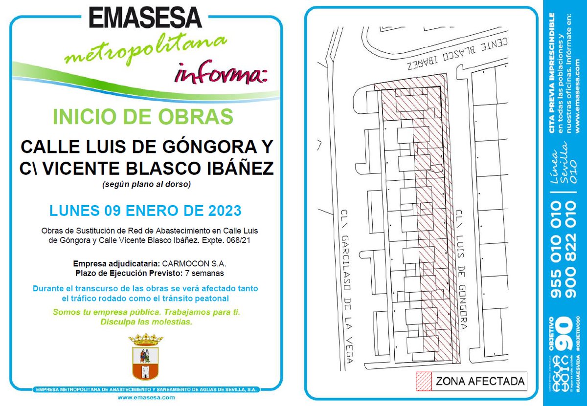 emasesa's tweet photo. EMASESA Informa
🚧RECUERDA #Hoy Inicio de Obras C/s Luis de Góngora y Vicente Blasco Ibáñez #DosHermanas
ℹ️ Sustitución redes de Abastecimiento 
🗓️09/01/2023
⌚7 semanas
Gracias y disculpen las molestias. #TrabajamosParaTi
EMASESA. #TuEmpresaPúblicaDelAgua
#TuAgua @ayto2hermanas https://t.co/07I96vBfLj