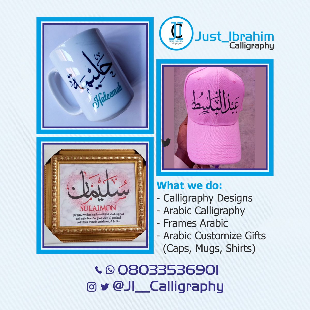 JI__Calligraphy's tweet photo. We are open for Business 

Arabic Name Frames 
Nikaah Frames 
Mugs 
Caps 

Send a DM for inquires and order https://t.co/jLKP9AiSfx