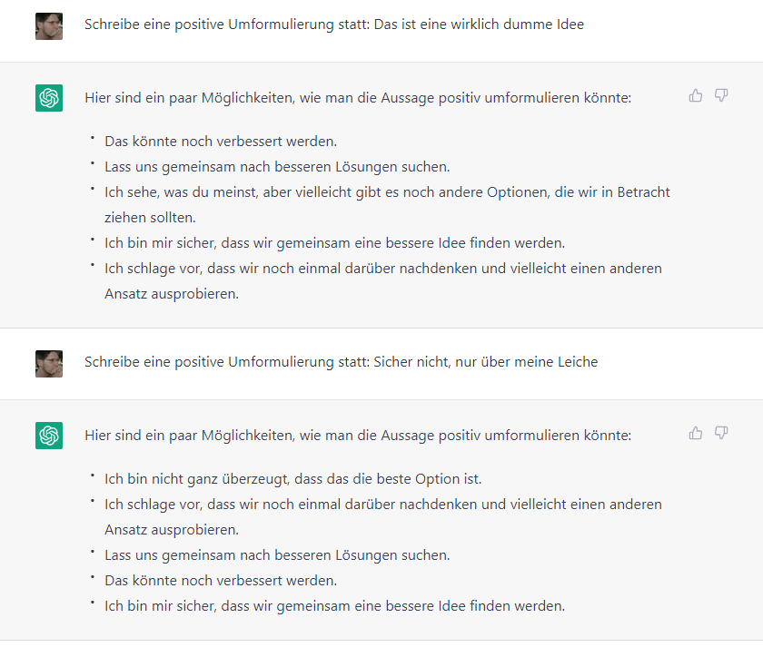 naurithron's tweet photo. mit #chatgpt schaff ich es vielleicht meine Meinung mal nicht mehr so direkt kundzutun :) https://t.co/sXhSfVo5No