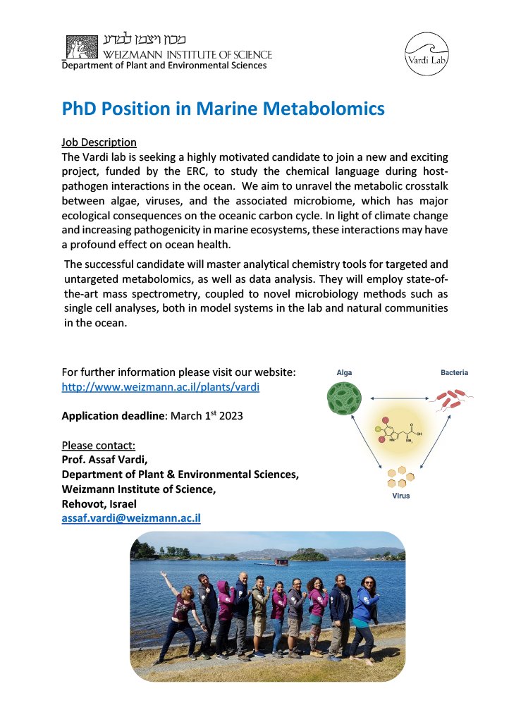 vardilab's tweet photo. 🚨 PhD position is open! 🚨 Do you want to be part of an exciting new marine metabolomics project funded by @ERC_Research? 🌊⚗️ The Vardi lab is looking for you! 👩🏾‍🔬🧑🏻‍🔬👨🏿‍🔬 Details attached ⏬ https://t.co/gV5ncyyrA5