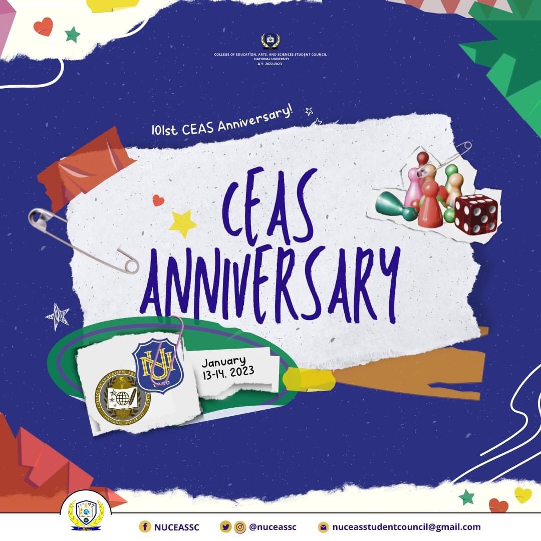 nuceassc's tweet photo. The dice have been rolled! 🎲
This upcoming CEAS Week is CEASziling, it’s fizzling right! Kaya sa ating mga ka-CEAS, tara na’t maki-sama at maki-saya to celebrate the anniversary of CEAS on January 13 to 14, 2023!
#BeEnthuCEAStic
#CEASelessService
#NUCEASSC https://t.co/OK7Z2cspFi