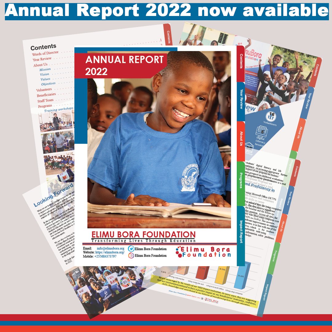 elimu_bora's tweet photo. Our 2022 Annual Report is Now Available! 

Take a look back at a very memorable year filled with change, challenge, and success. 
Click the Link here 👉 https://t.co/UssdMNQSjG
Also we would be happy to hear from you, so feel free to share your feedback with us. #EndViolence https://t.co/H7L4IK9REq