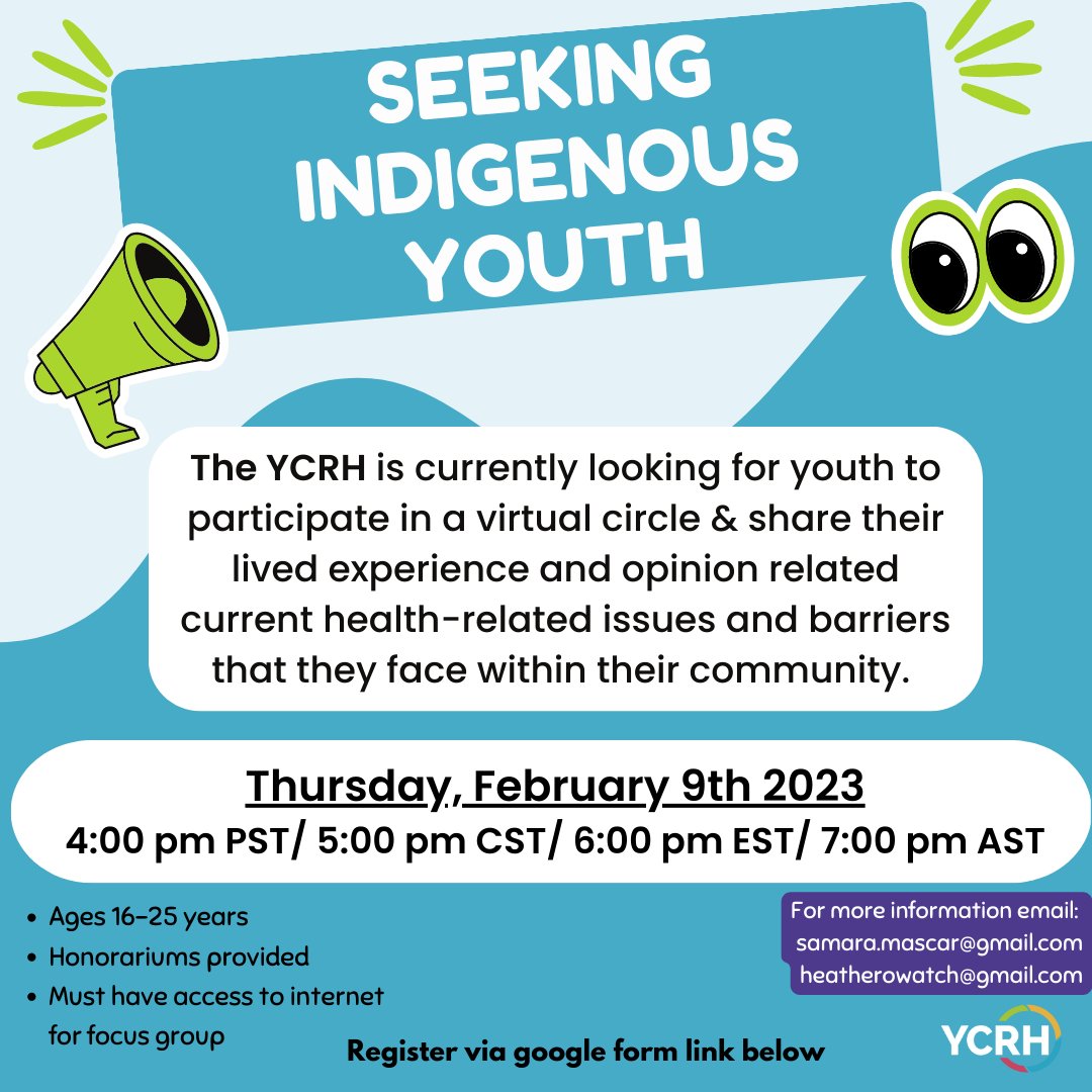 THEYCRH's tweet photo. Calling all Canadian Indigenous youth! Interested in sharing your experience on the current barriers & health-related issues that are faced within your community? Participate in our Indigenous Virtual Circle, being hosted on February 9th. Register here:
https://t.co/bUzQtLTrQO https://t.co/125zd7cSTF