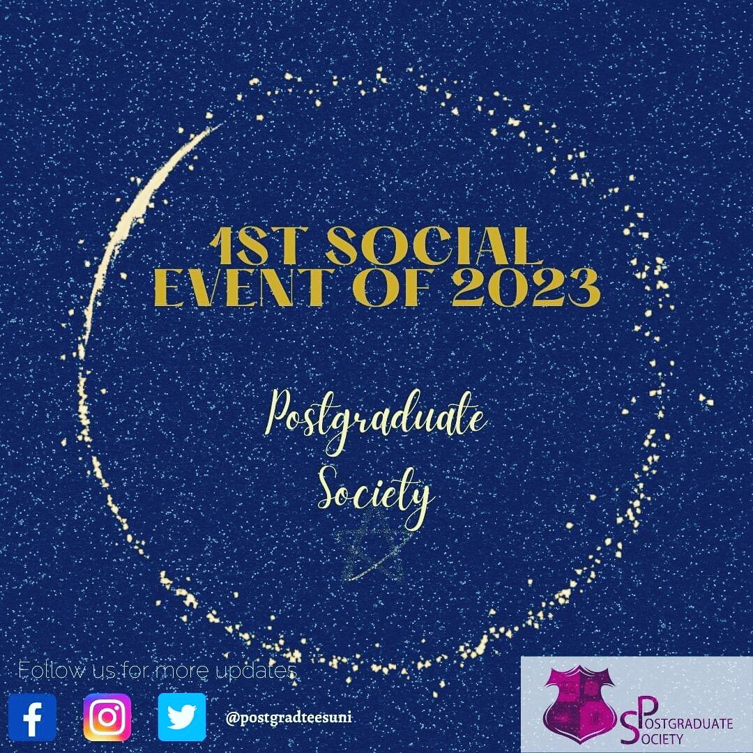PostGradTeesUni's tweet photo. Hello postgrads,

I hope you all had fantastic holidays!

The Postgraduate Society is back with a series of interesting and engaging events planned for this semester. Please join us on Tuesday, 10th January 2023 at Studio-2, SU from 12-1 pm for this year's first Social Afternoon! https://t.co/0ygYHvtkl5