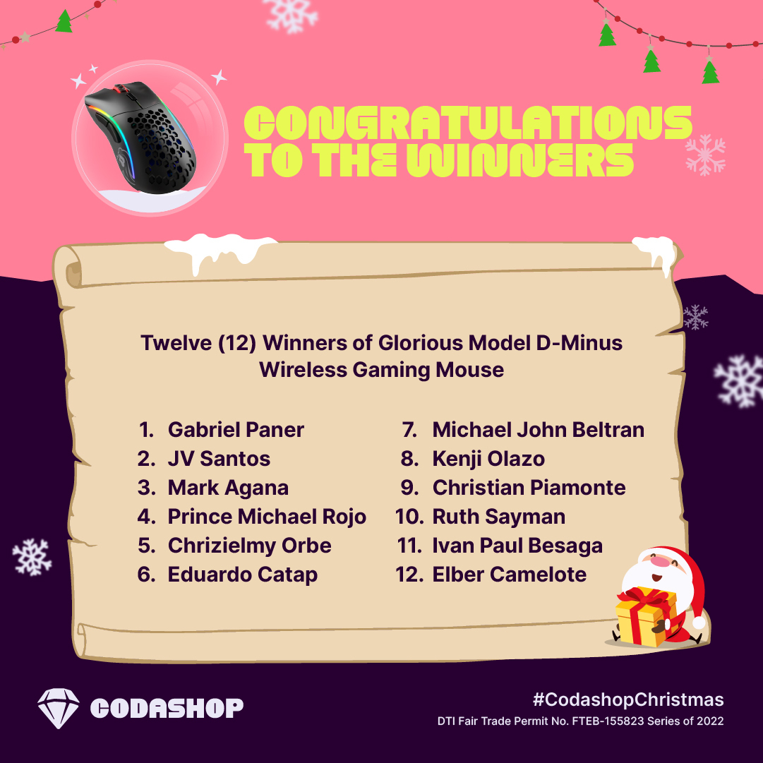 Codashop_ph's tweet photo. Congratulations to the lucky winners of Codashop's 12 Gifts of Christmas! To the winners, please check your emails for more https://t.co/hPVdAUmc5s mga hindi nanalo, stay tuned dahil we have more promotions in store for you this 2023! ๐
#CodashopChristmas #CodashopPH https://t.co/q4gKhCSlzI