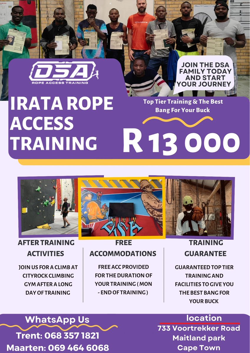DownSouthAccess's tweet photo. Are you interested in a Top Tier IRATA Rope Access Course ??
Fully accredited IRATA Rope Access Training at Affordable Prices 

Including:
FREE ACCOMMODATIONS 
FREE TRAINING GUARANTEE 
TOP TIER TRAINERS 
STATE OF THE ART TRAINING CENTRE
Based in Cape Town, South Africa https://t.co/uoDzU6yLiI