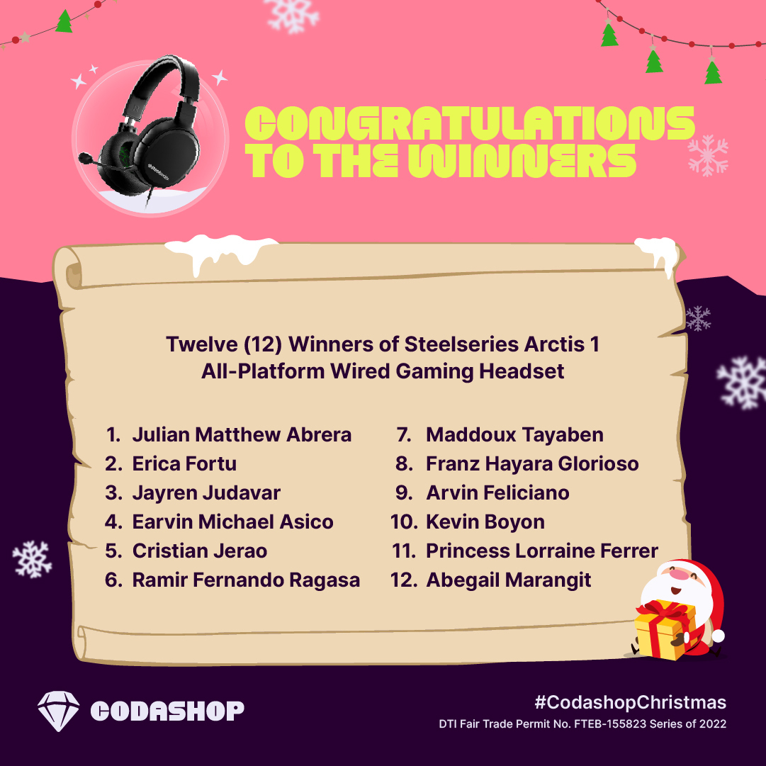 Codashop_ph's tweet photo. Congratulations to the lucky winners of Codashop's 12 Gifts of Christmas! To the winners, please check your emails for more https://t.co/hPVdAUmc5s mga hindi nanalo, stay tuned dahil we have more promotions in store for you this 2023! ๐
#CodashopChristmas #CodashopPH https://t.co/q4gKhCSlzI