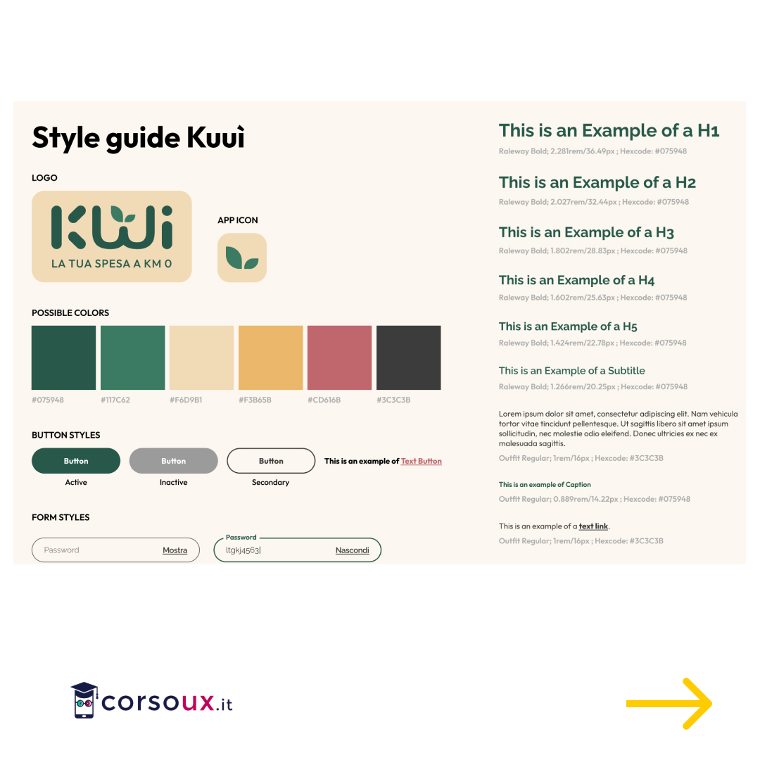 CorsoUx's tweet photo. Lo Style Tile è l'esercizio con cui decidiamo lo stile da dare alla nostra app, dalla scelta dei colori alla scelta dei fonts. L'esercizio serve per poi sviluppare lo UI kit che darà lo stile finale all'app. Complimenti alla nostra studentessa Valentina 👏 https://t.co/r4hz8LTJVk