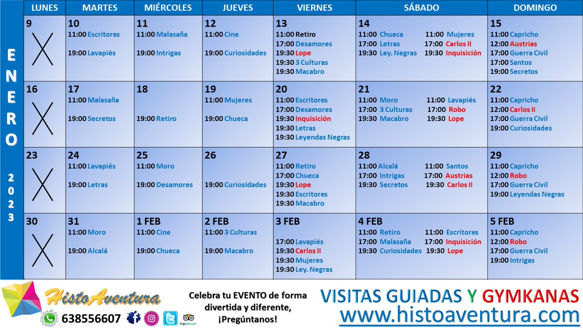 Agenda actividades de  #Enero en #Madrid 👣👀
¡No te quedes sin planes este mes! 

Reservas a través de:⠀⠀⠀⠀⠀⠀⠀
☎️ 638556607 / grupos privados 634535025
🔗 histoaventura.com 
✉️ Info@histoaventura.com

¡PLAZAS LIMITADAS! ¡OS ESPERAMOS!