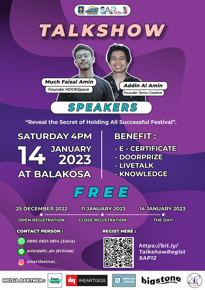 SAP12_FBEUII's tweet photo. Hola Peeps!!!
We have great info for you guys,
Talkshow registration has been opened! For those of you who want to listen to a dialogue related to "Event Management" to make an event successful, register yourself immediately and have a discussion with a spectacular speaker 😉✨️ https://t.co/TYsRsrQHtf