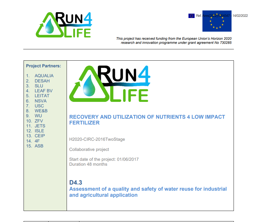 Learn more on the applicability of the reclaimed water as nutrient irrigation water and possible uses in industry. 
@RUN4LIFE_H2020 produced a report on the assessment of a #quality and #safety of water reuse for #industrial and #agricultural application!
bit.ly/3in2Gdg