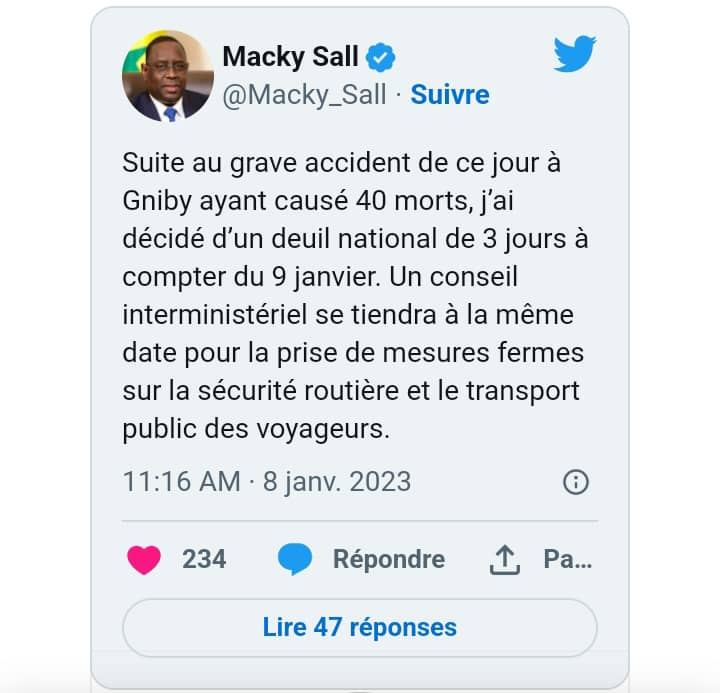securoute_cm's tweet photo. Accident mortel à Kaffrine : Macky Sall décrète un deuil national de 3 jours https://t.co/Z24MDHLLr1