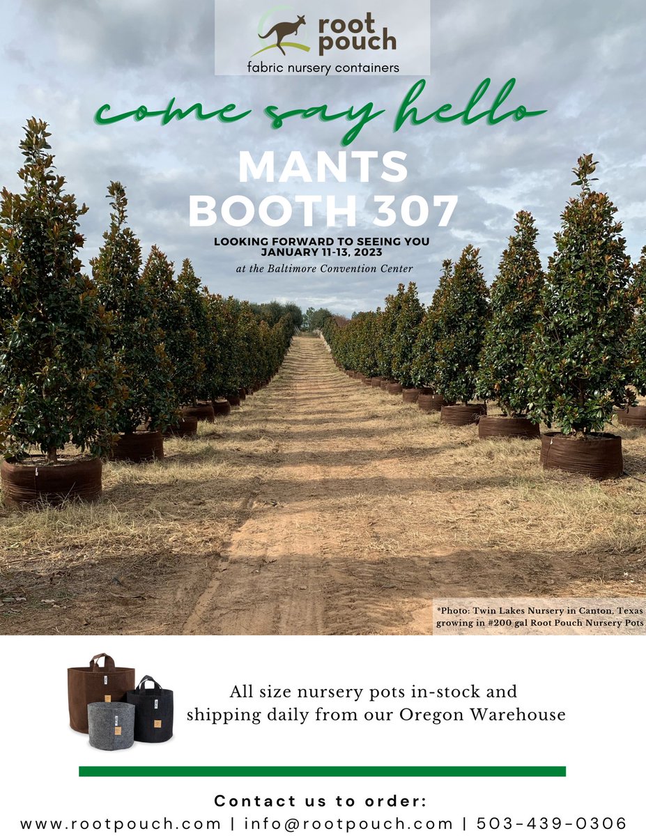 RootPouch's tweet image. It is almost time for one of the biggest shows of the year! Come say hello to use at Booth 307 and learn more about how and why Root Pouch is changing the nursery industry. 

#nursery #MANTS2023