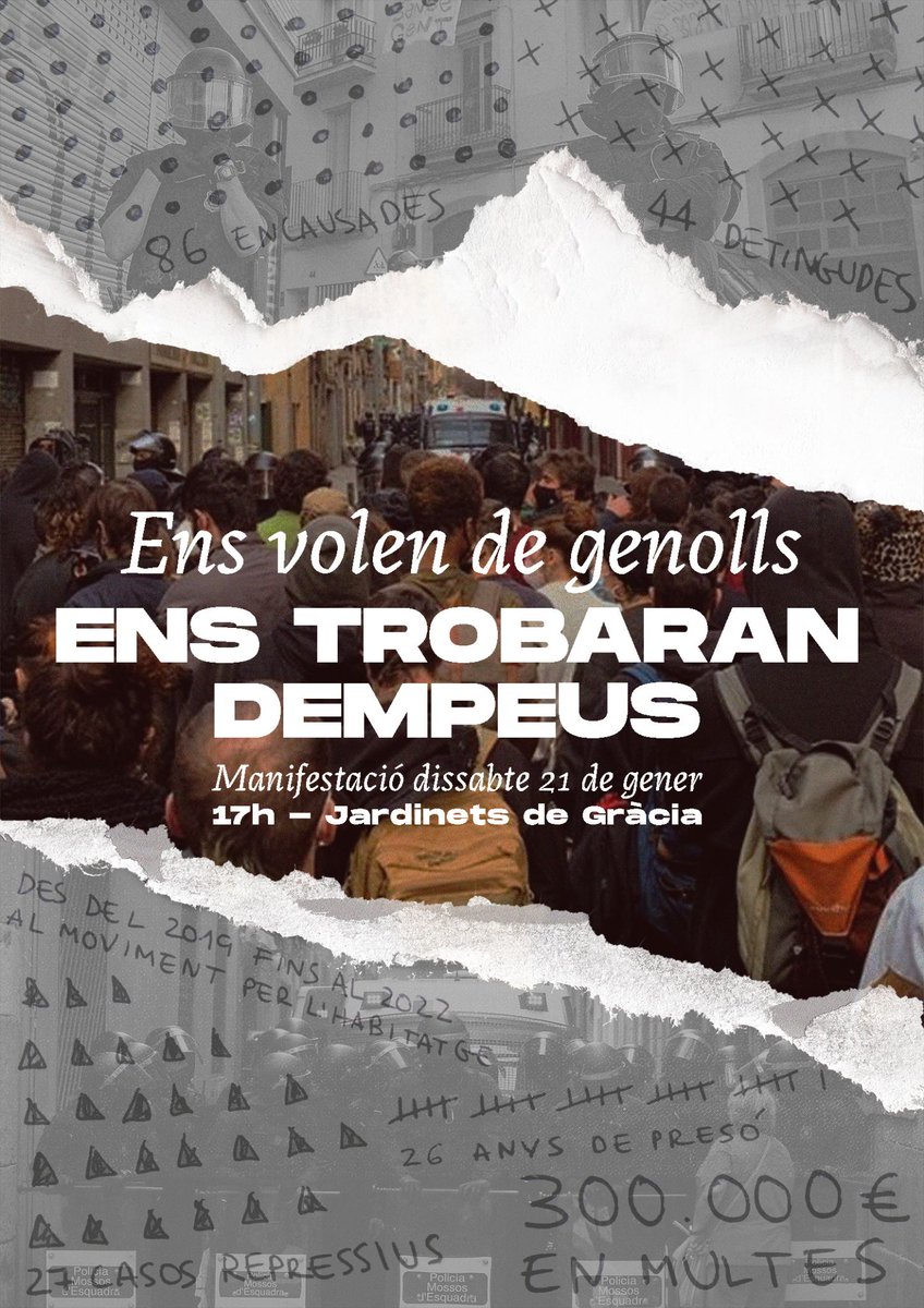 Habitatge_HG's tweet photo. 86 encausades, 44 detingudes, 27 casos, >300.000€ en multes i desenes d'anys de presó per a defensar el dret a l'habitatge‼

Ens volen atemorits, desorganitzats i de genolls, però el pròxim 21 de gener #EnsTrobaranDempeus

📆Dissabte 21
🕔17h 
📍Jardinets de Gràcia https://t.co/AS425xsaEv