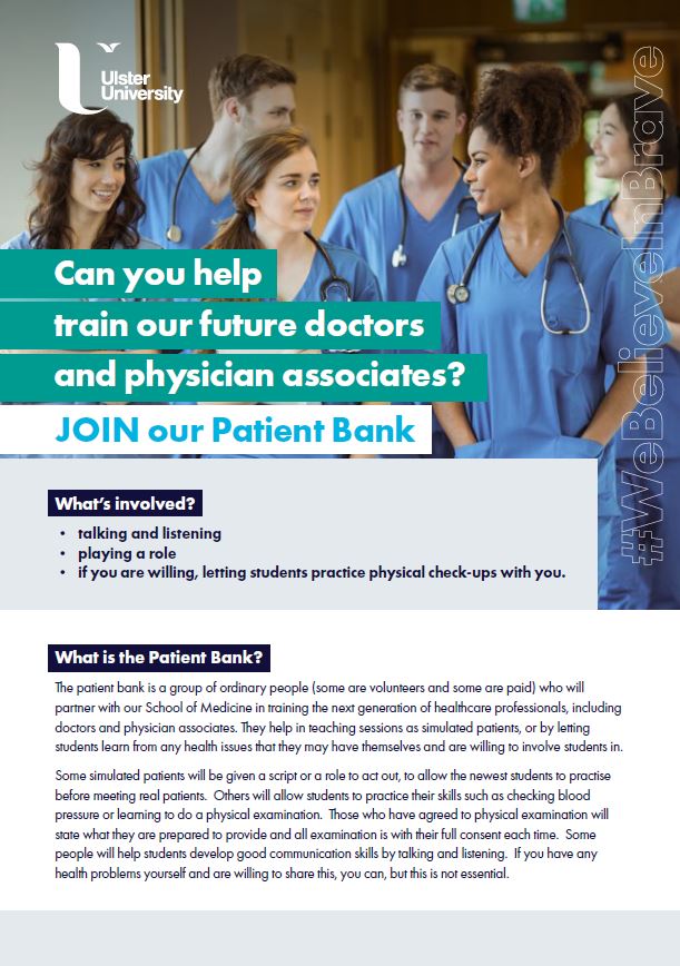 UlsterUniMed's tweet photo. Callout to members of the public! Interested in giving back? You could help train our #future #doctors and #physicianassociates by becoming a #simulated #patient. Already a medical professional? Please share with family, friends and patients. See below for info and contact. https://t.co/r7ZPTBp7f7