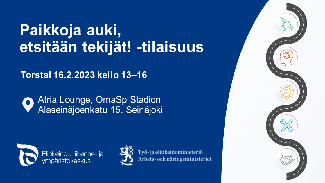 Paikkoja auki, etsitään tekijät! -ELY-kiertue pysähtyy Seinäjoelle 16.2.2023 klo 13–16. Tervetuloa mukaan keskustelemaan ja pohtimaan yhdessä keinoja, joilla maakunnan työpaikkoihin löydetään tekijöitä!

Ilmoittaudu ➡️ link.webropolsurveys.com/EP/DE3E6D5023C…
Lue lisää ➡️ ely-keskus.fi/tapahtumat-ja-…