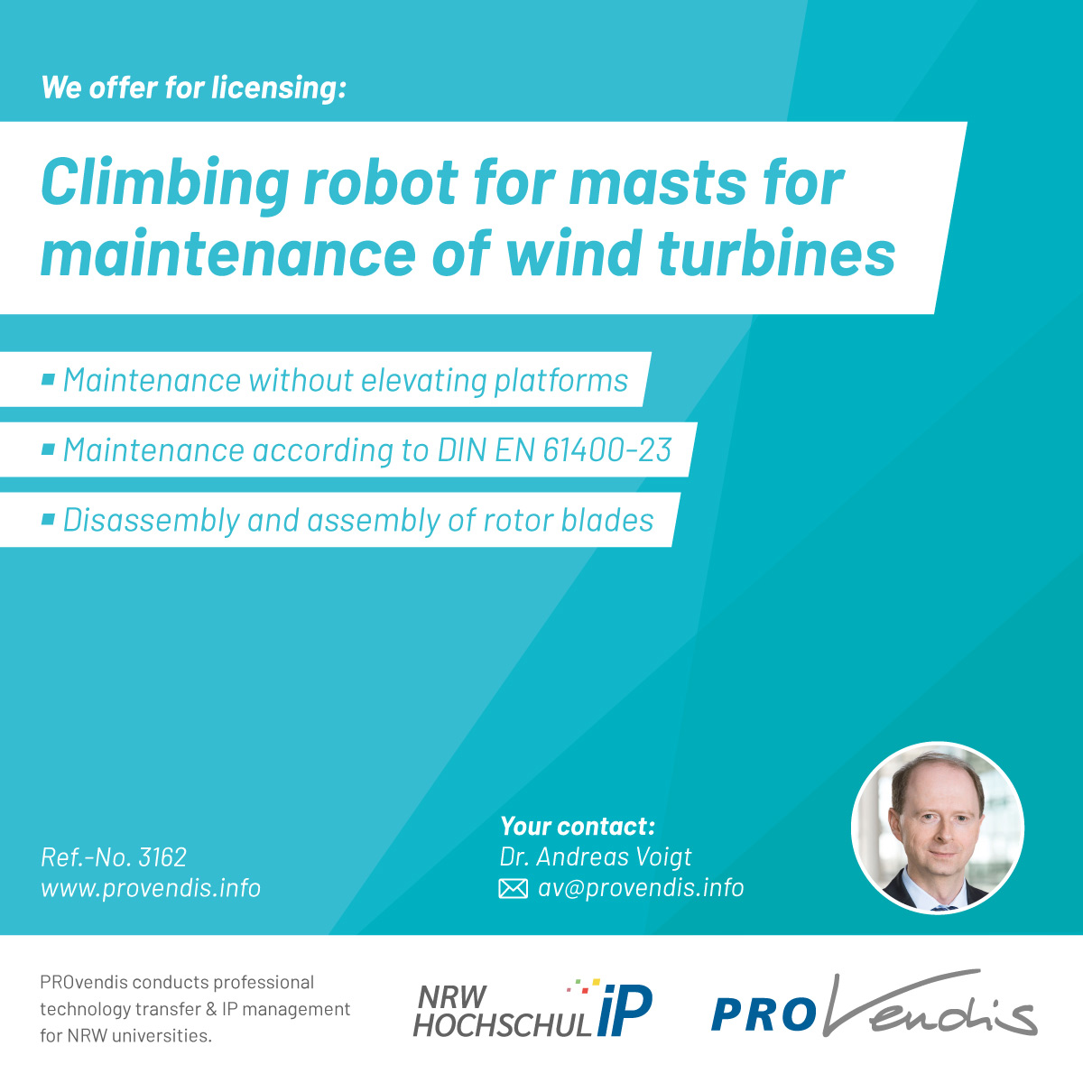PROvendis's tweet photo. New #energy supply #technology by #FHAachen: Self-climbing platform for maintenance of #wind turbines. #SMART climbing #robot repairs, maintains & keeps #wind turbines fit. 📃#TechnologyOffer: https://t.co/PglCIqnDku #greentech #TechTuesday
📺 https://t.co/TZNtPkC1wn https://t.co/HmkP6BysAq