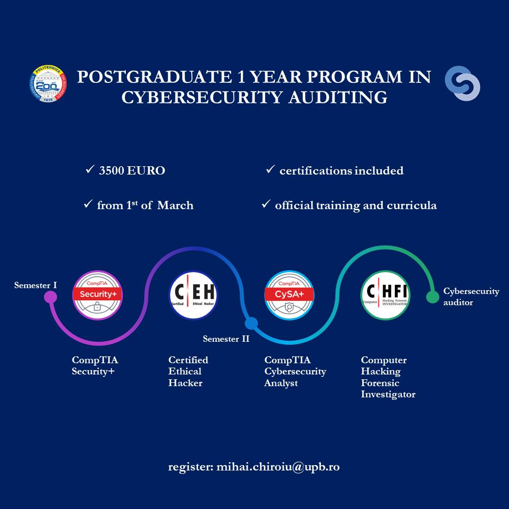 Universitatea POLITEHNICA din București (@upb1818) on Twitter photo 📣 #UPB, prin #ACS, vă oferă cursuri postuniversitare de „Auditarea securității cibernetice”, conforme cu ultimele modificări legislative!
💯 Obține cele 4 certificări (Security+, CEH, CySa+, CHFI) și devino un auditor de securitate‼️
ℹ mihai.chiroiu@upb.ro.
#UPBNews #ACS 📣 #UPB, prin #ACS, vă oferă cursuri postuniversitare de „Auditarea securității cibernetice”, conforme cu ultimele modificări legislative!
💯 Obține cele 4 certificări (Security+, CEH, CySa+, CHFI) și devino un auditor de securitate‼️
ℹ mihai.chiroiu@upb.ro.
#UPBNews #ACS