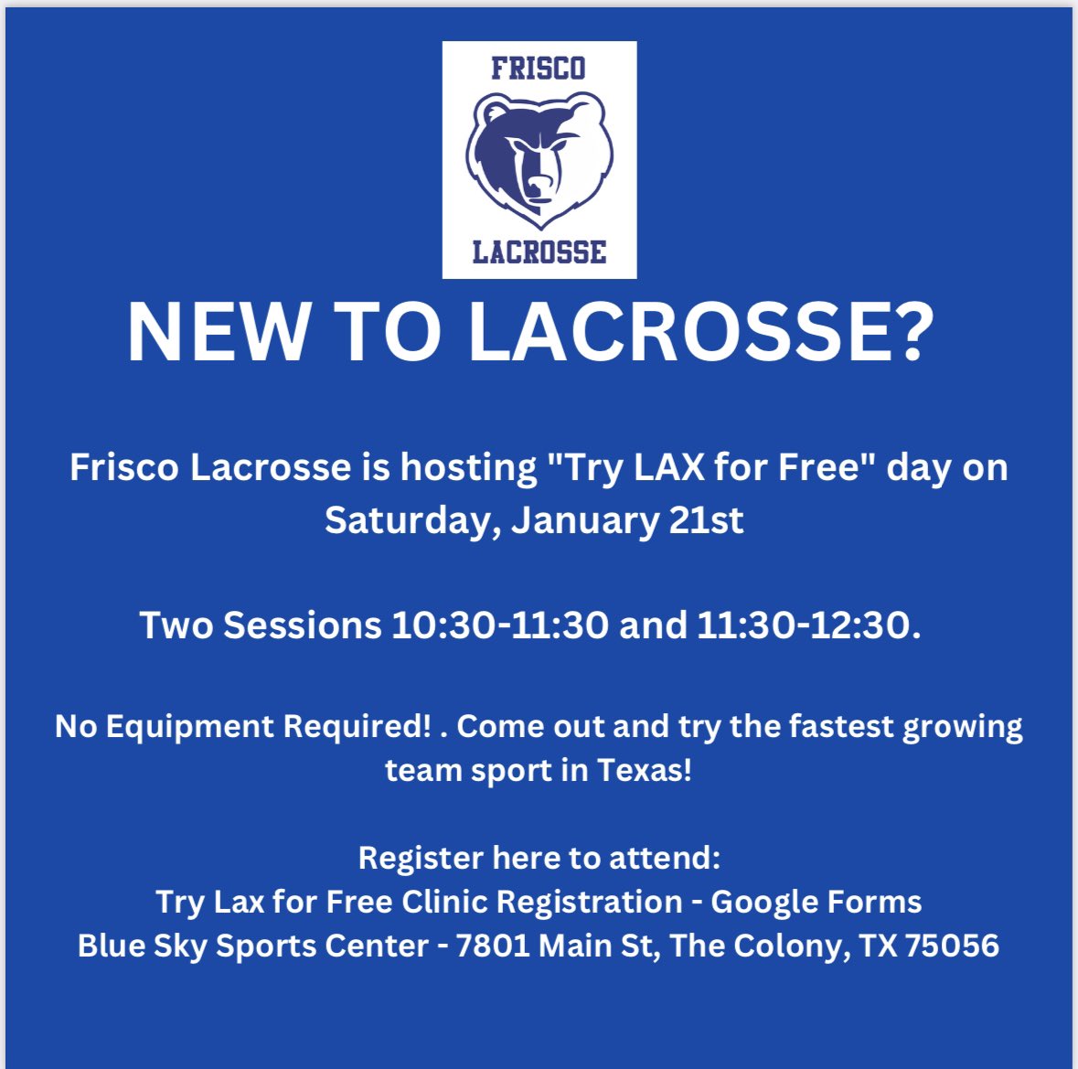Come try the fastest sport on two feet!! Register at friscolacrosse.com