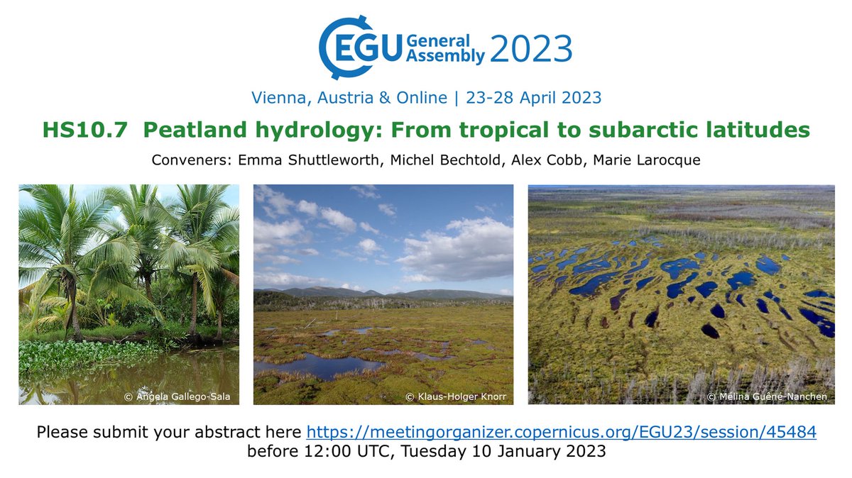 Fellow peaties! Last 24 hrs to submit an abstract to our #peatland #hydrology session at #EGU23. Deadline is 13:00 CET /12:00 UTC. It's shaping up to be an exciting session so don't miss out! Full info &amp; submission link here: bit.ly/3QrPvVd #PeatTwitter #PeatlandsMatter