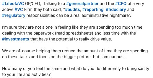rakeshbhatia's tweet image. #LifeofaVC GP/CFO,  Talking to a #generalpartner and the #CFO of a very active #VC they both said, “#audits, #reporting, #fiduciary and #regulatory responsibilities cn be a real administrative nightmare” 

What do you do differently to bring sanity to your life and activities?