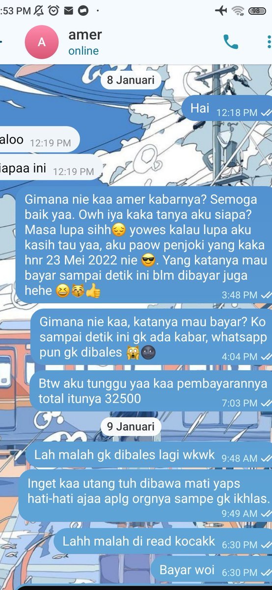 Help rt cust hnr 23 Mei 2022

Nama: Ameer Aziz Mulyantoro
NIM: 200536626456
Wa: +62 896-2481-4747
Alasan karena baru spill skrg karena liat dia join di telegram, aku chat dia eh malah dikacangin Wkwkwkwk
#zonauang #zonaba #zonajajan