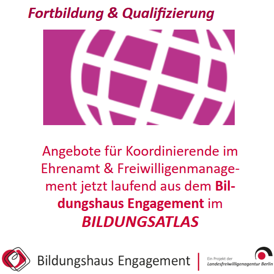 Der neue #BILDUNGSATLAS schafft Durchblick: #Fortbildung &amp; #Qualifizierung für #Ehrenamt &amp; #Freiwilligenmanagement. Träger- &amp; Initiativübergreifend. Digital &amp; Vor Ort. Vorzugsweise aus &amp; in Berlin ➔ bildungshaus-engagement.berlin/bildungsatlas/

#MenschenEntwickelnEngagement #BildungshausEngagement