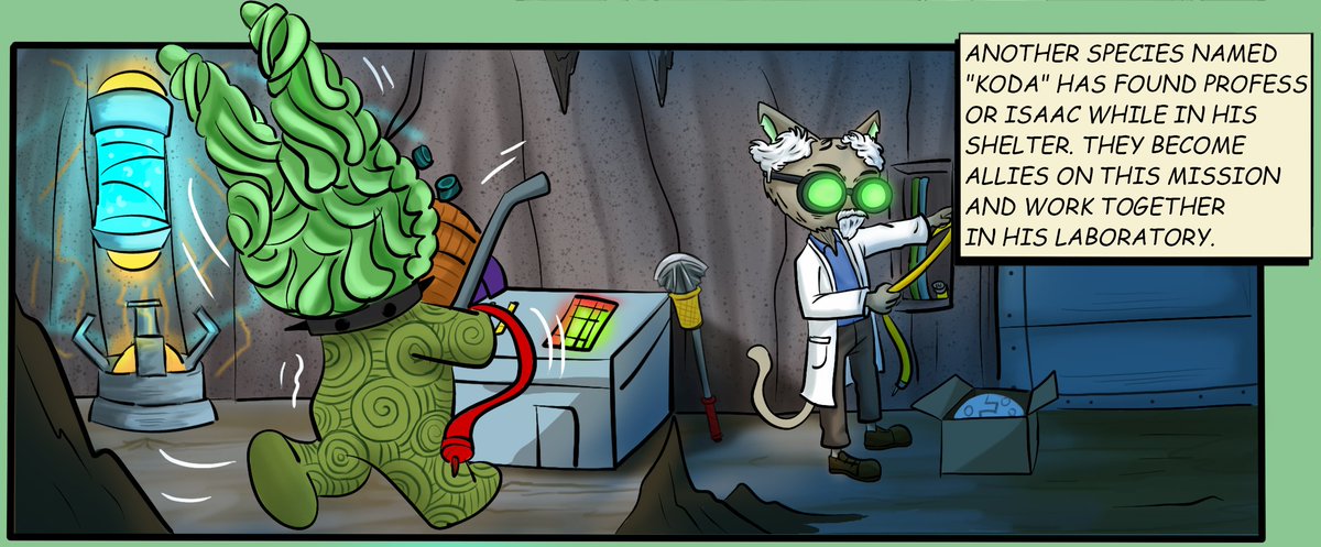 BoatClubLabs's tweet photo. Chapter 2 - "A New Alliance" (4 of 6)

Another species named "Koda" has found Professor Isaac while in his shelter. They become allies on this mission and work together in his laboratory. 🧠 🥼 🍏 

#BoredCatBC #BCBC https://t.co/rQFldsJGdT