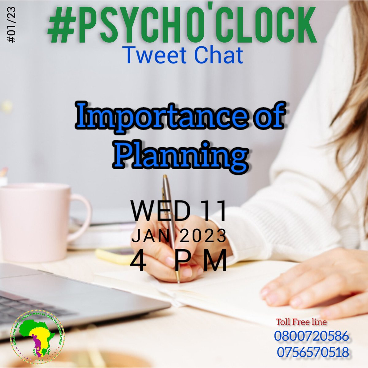 G4G_Africa's tweet photo. Planning is a very important aspect in life. As we kick off the year we need to plan well for the year. Join us this Wednesday on our first #PsychOclock tweet chat of 2023 where we will be discussing on the importance of planning.
#HealingTheFuture
@AuthorQueentah @FelixRamil_ https://t.co/kJctHpWW7m