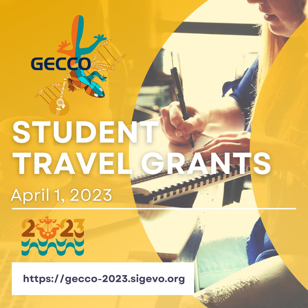 GeccoConf's tweet image. Applications are now open for ACM student travel grants! 

Please apply at

gecco-2023.sigevo.org/Student-Travel…

Deadline: 1 April 2023