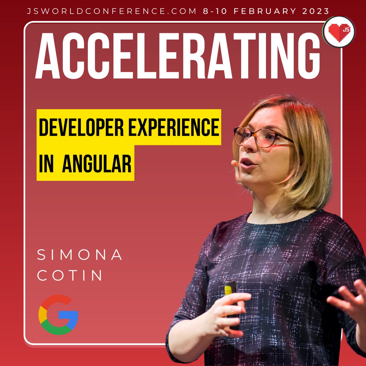 JSworldconf's tweet image. Learn about accelerating the developer experience in #Angularv15 with @simona_cotin 

🚴‍♀️ A deep dive into optimizations included in the new image directive to speed up your app

🚀 Code reuse patterns using the directive composition API

Join us 👉jsworldconference.com