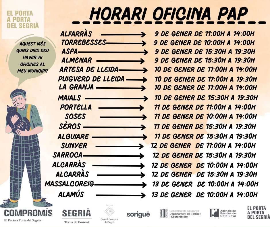 segriapap's tweet photo. Recordem els horaris d’oficina del porta a porta d'aquesta setmana.
Per més informació consulteu el nostre web https://t.co/REPCBwcqX0
#ObjectiuRezero #CCSegria #Segriaresidus #TerradePonent #Lleida #Sostenibilitat #Reciclatge https://t.co/UP1ygdX58y