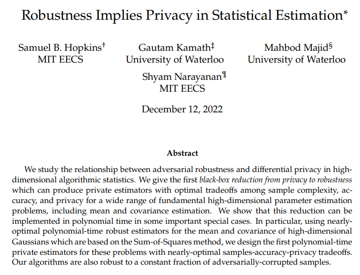 🧵 New paper with <a href="/Samuel_BKH/">Sam Hopkins</a>, <a href="/mahbodm_/">Mahbod Majid</a>, and Shyam Narayanan: "Robustness Implies Privacy in Statistical Estimation."

A robust estimator can be (black-box) converted to a private estimator, often optimally. 

arxiv.org/abs/2212.05015 1/n