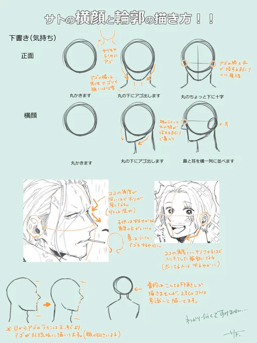 質問いただいてた、サトの横顔と輪郭の描き方です!!大変遅れてすみません😭分かりづらいかもですが、サトはこんなこと意識してますよ〜ってことだけ伝われば、、 