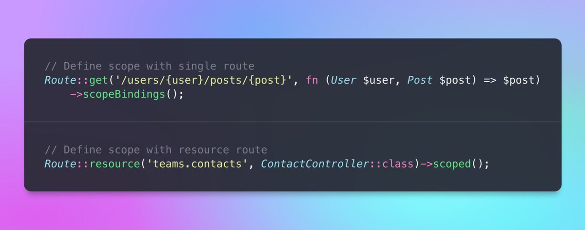laravel_updates's tweet image. Use Laravel scopeBindings method on normal route and scoped method on resource route to scope &quot;child&quot; bindings

#Laravel #LaravelPHP