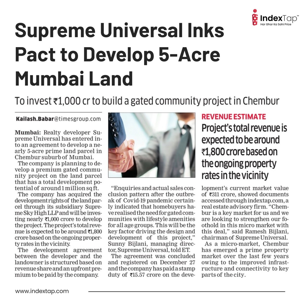 index_tap's tweet image. According to documents accessed by IndexTap, reputed realty Developer @supreme_universal has signed an agreement to develop a nearly 5-acre prime land parcel in the premium Chembur suburb of Mumbai.

#IndexTap #SupremeUniversal #LandParcel #Land #Property #RegisteredPricing