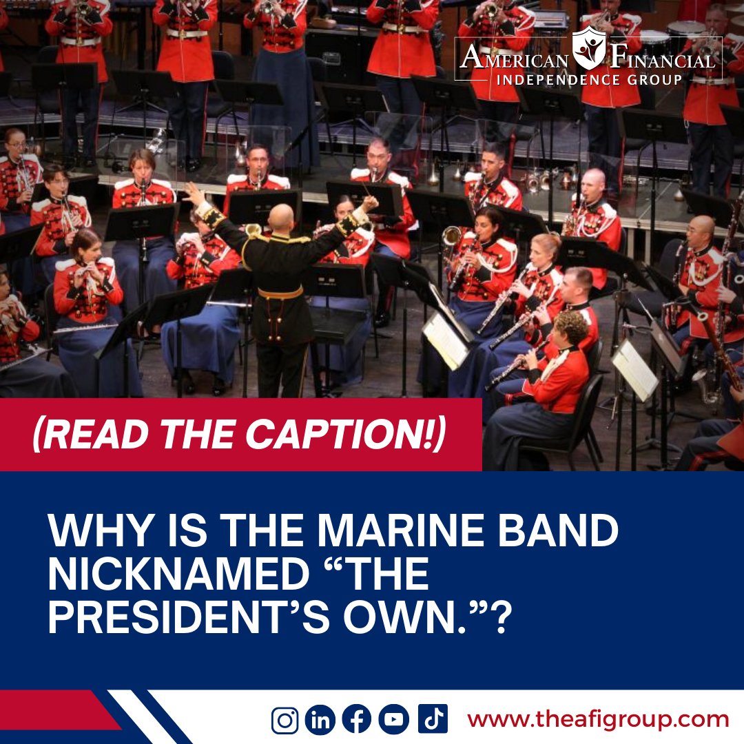 TheAFIGroup's tweet photo. The Marine Corps’ military band is best known for having performed at the inauguration of every American president since Thomas Jefferson in 1801. Jefferson nicknamed the Marine Band “The President’s Own,” 

#marine #veterans #uscorps #trivia #facts #military https://t.co/GdWxNqceVV