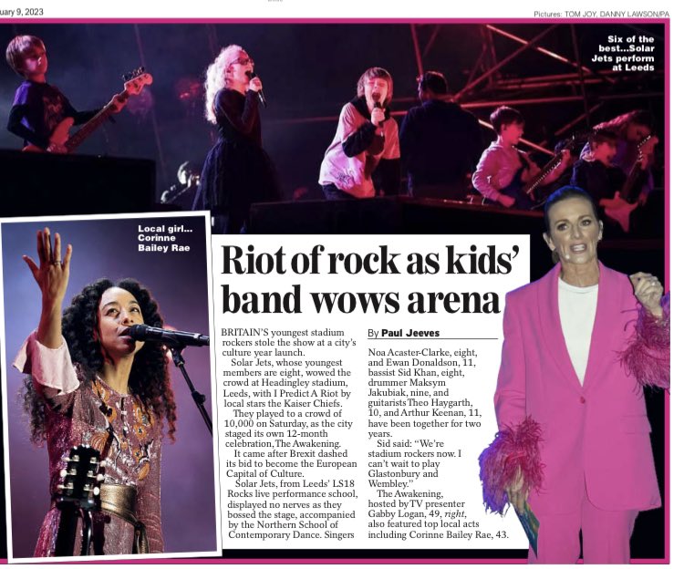 LS18Rocks's tweet photo. Britain’s youngest stadium rockers making more headlines - “now for Glastonbury!”#Leeds2023#The#Awakening #solarjets #cityofculture https://t.co/pR9sASJJZx