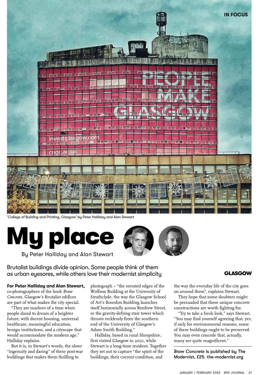 Great to see our Glasgow book Braw Concrete, and the work of @PeterBRHalliday and Alan Stewart featured in the @The_RPS Journal this month. the-modernist.org/collections/ou…
