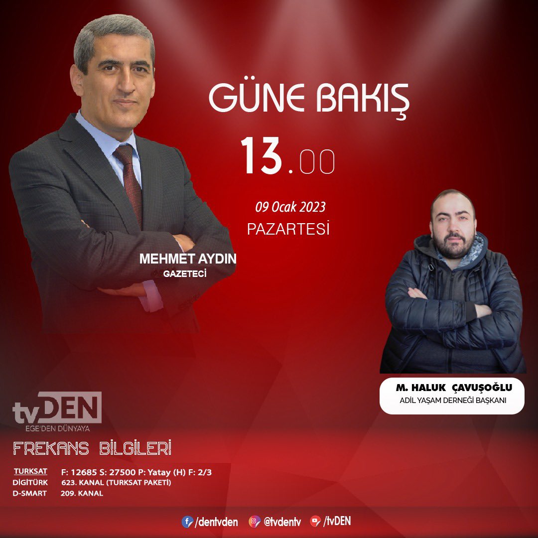 Bugün saat 13:00'da  <a href="/tvden09/">tvDEN</a>’de, GÜNE BAKIŞ’ta, 
<a href="/maydin09/">Mehmet Aydın</a> beyfendinin konuğu olacağız. 100Yılda CumhuriyetAffı
Nasıl olabilir ve nasıl olmalıyı konuşacağız.
<a href="/AdilYasamResmi/">Adil Yaşam Derneği</a> 
#DengeMedya