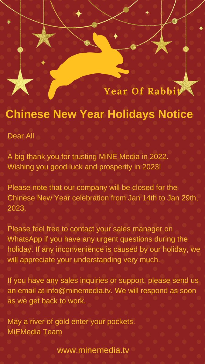 #ChineseNewYear #HolidayNotice from #MiNEMedia 

We wish that together we prosper to new heights. Best wishes on Chinese New Year.

Office closed from Jan 14th to Jan 29th, 2023.