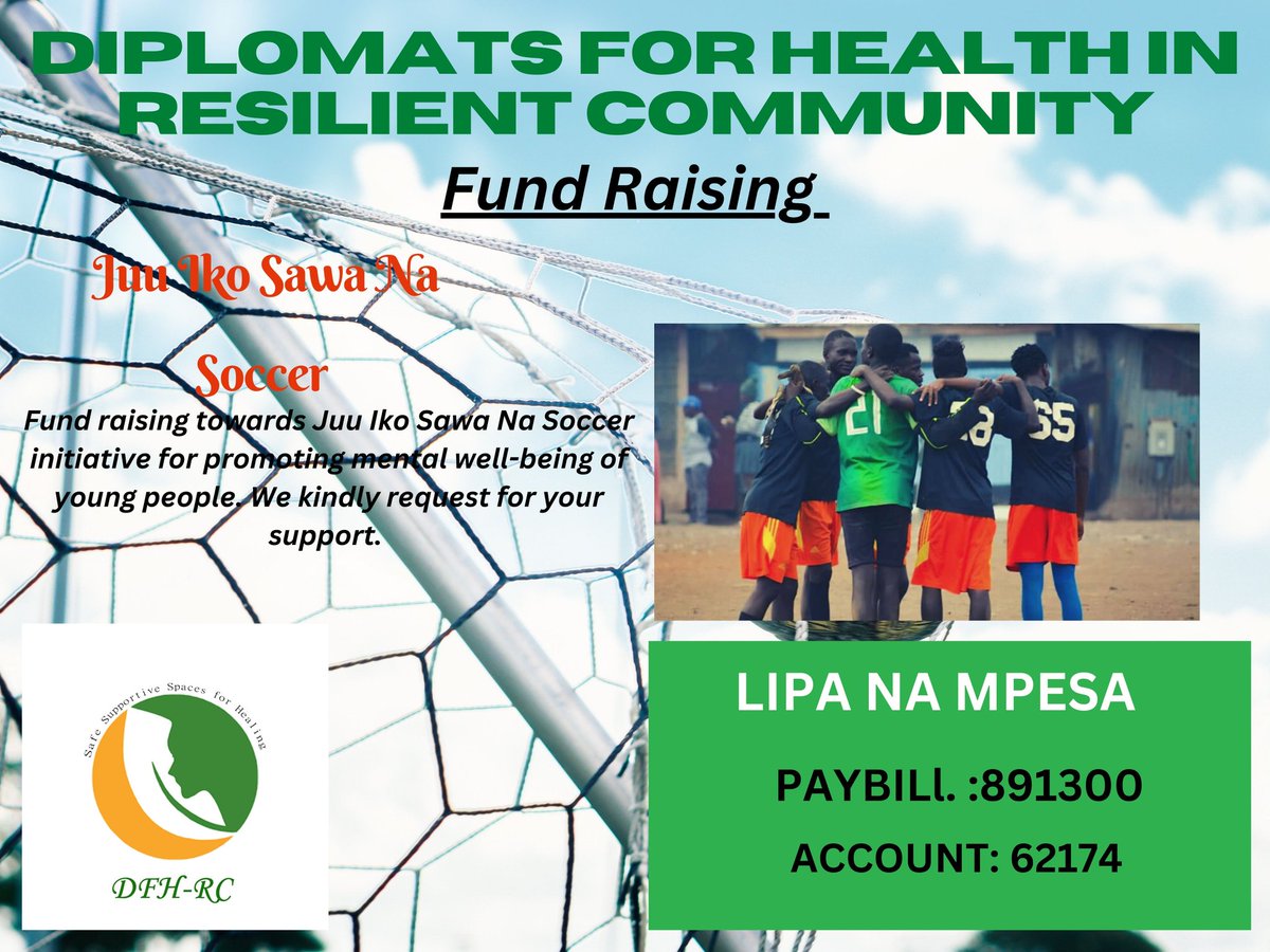DFHRC's tweet photo. ⏺️ JUU IKO SAWA NA SOCCER ⏺️
Together we can address unmet mental health care needs within our community. Through #JuuIkoSawaNaSoccer, using soccer as a vehicle to promote mental well-being of young people. #Donate to help improve #mentalhealthliteracy using soccer. #JuuIkoSawa https://t.co/mCPl7rJ6Lv