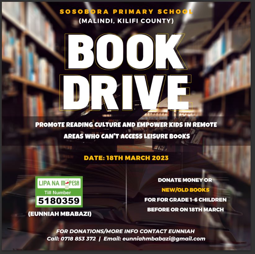 I am currently fundraising towards a charity book drive for Sosobora Primary Sch, in Kilifi County, scheduled for March 18.

If you can, please donate new or used books, especially story books.

♥️