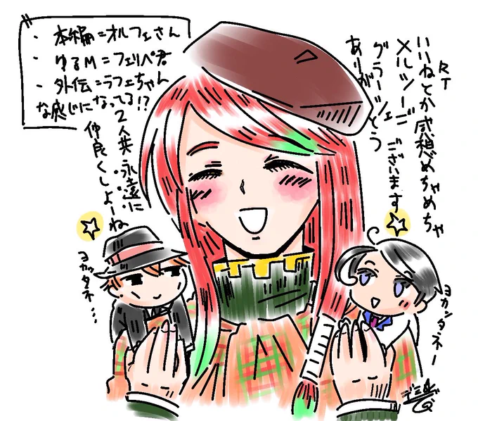 読んでいただきいいねやRT、感想も本当にありがとうございます
とっても嬉しいです!(大声)
お気に入りシーンはてんこ盛りですがノンノとノンナのラフェちゃんへの深い愛情と必死過ぎてオルフェリペ2人に無意識に喧嘩売ってる事に気づかないそんなラフェちゃんが大好きです… 