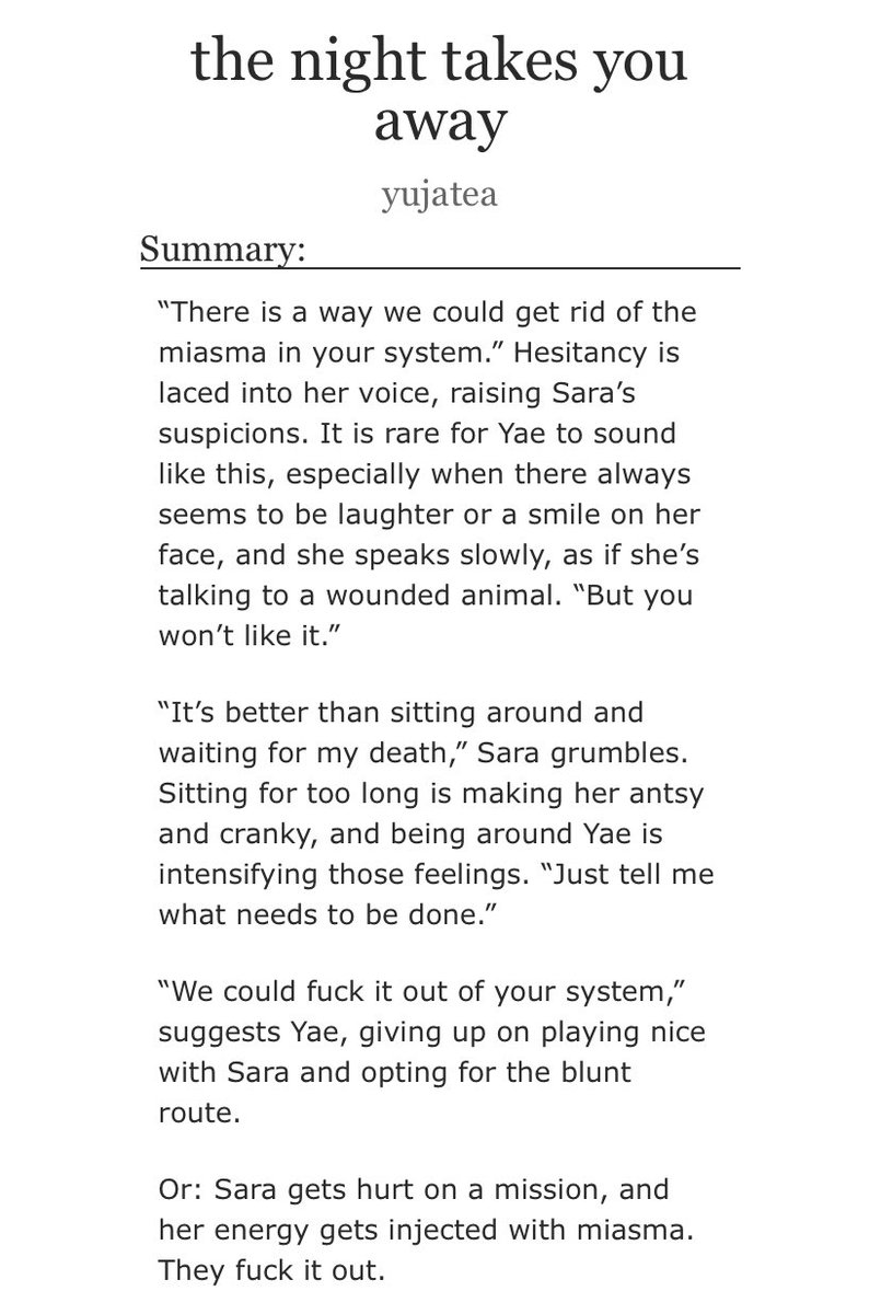yujateas's tweet photo. the night takes you away

🦊 yaesara / 3.8K / e / time skip, canon divergence, qi deviation (ahem, fuck or die…)

🦊 sara gets hurt on a mission, and her energy gets injected with miasma. they fuck it out.

🦊 for #GenshinWLWExchange22 &amp; @restingdei

🦊 https://t.co/YDb0jeWDxe https://t.co/atrnhagnTv