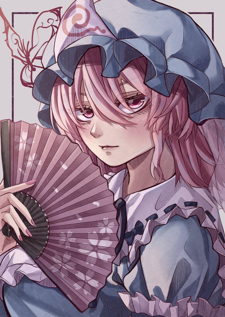 saigyouji yuyuko 1girl solo hat pink hair pink eyes hand fan mob cap  illustration images