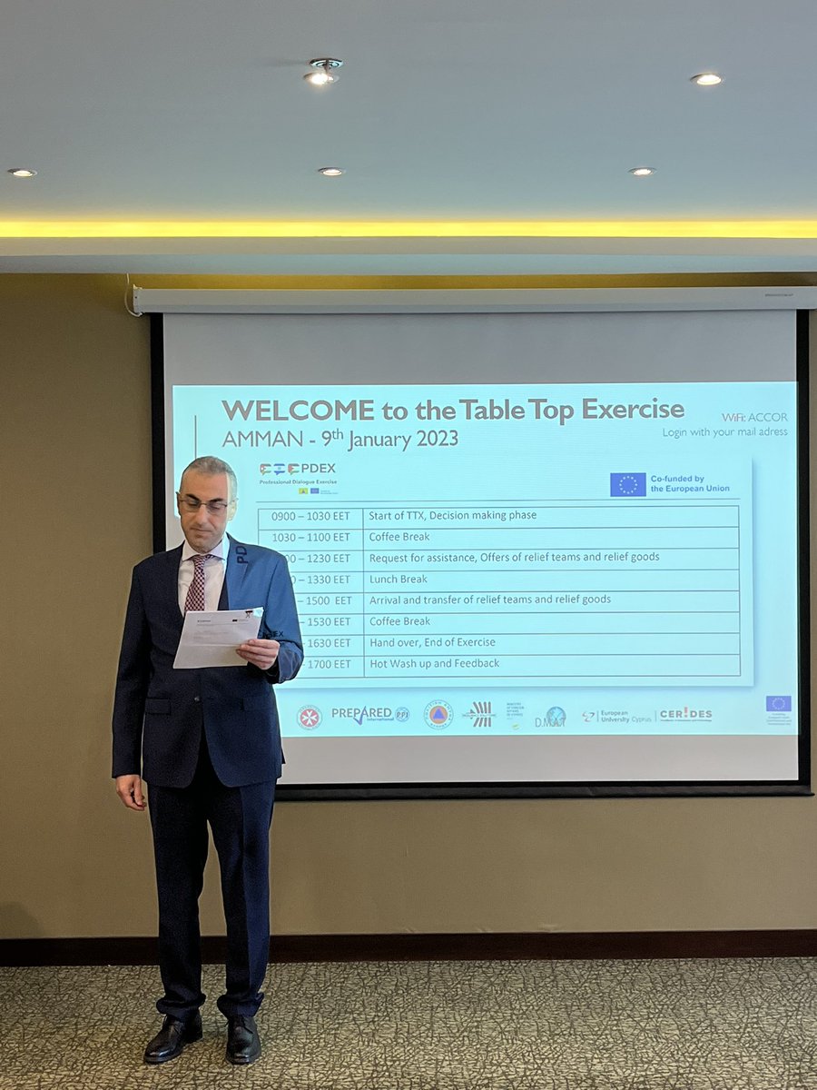 CoE_CERIDES's tweet photo. #PDEX TTX Amman 🇯🇴 is underway. HE the Ambassador of 🇨🇾 Mr Michalis Ioannou provided the opening remarks, followed by the Director of Disaster Planning of 🇯🇴 https://t.co/TsHhuXLzYu