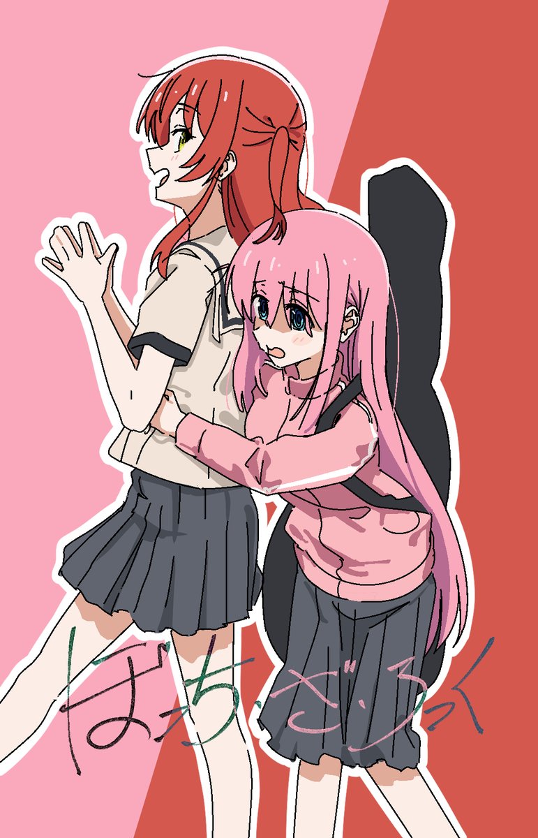 gotou hitori multiple girls 2girls pink hair long hair red hair pink jacket school uniform  illustration images