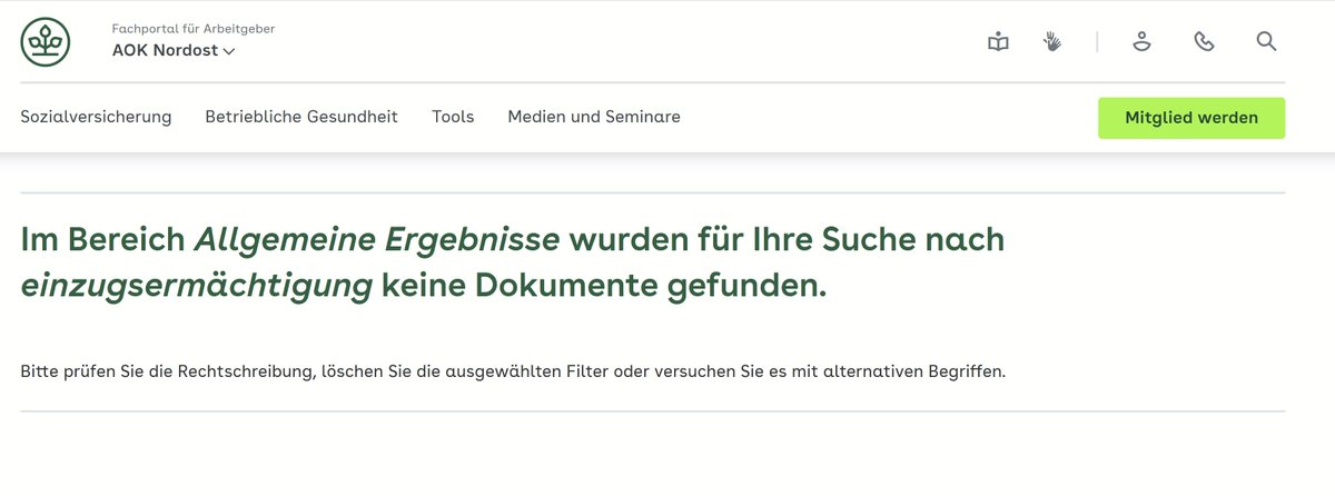 Jo, liebe @AOK_Nordost, wir haben uns gerade erst kennengelernt, weil jetzt zum 1. Mal eines Eurer Mitglieder bei mir arbeitet. Konto besteht also erst seit ein paar Wochen, einschl der Feiertage. Möglichkeit zur Einzugsermächtigung gibt's nicht auf Eurer Seite. 1/2