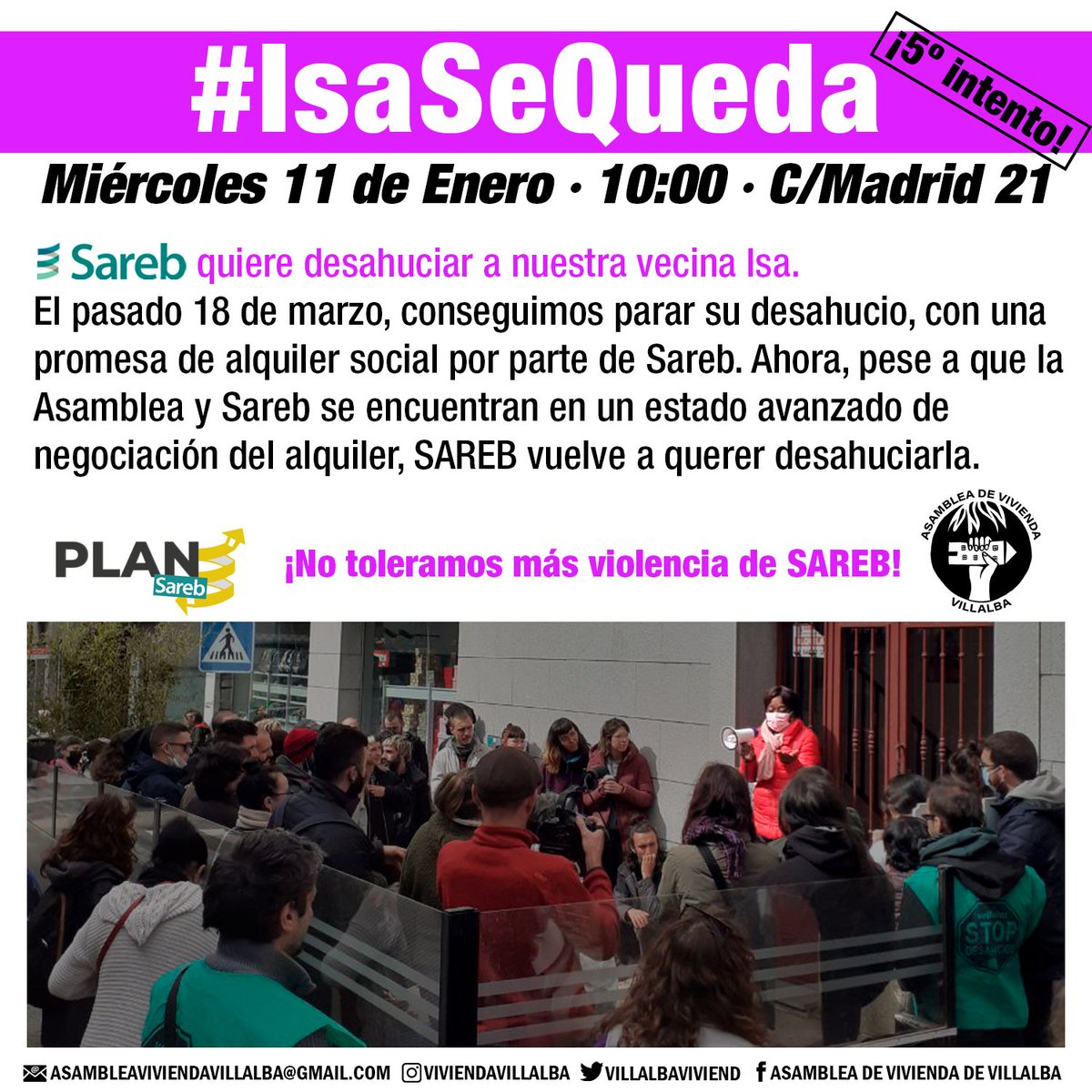 PlanSareb's tweet photo. 🔴Este miércoles @Sareb vuelve a ir contra otra vecina de Villalba. 

Es el quinto intento de desahucio de Isa. 

Presionan y maltratan para colar sus alquileres basura!
#IsaSeQueda https://t.co/3pl7OfXu4g